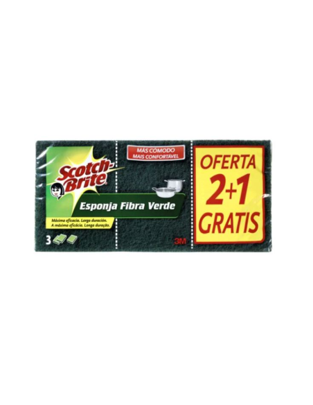 Scotch-Brite Estropajo Fibra Verde con Esponja Grande 3 uds