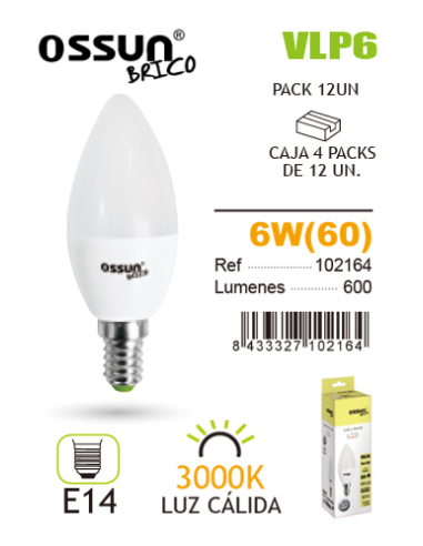 OSSUN LÂMPADA LED VELA 6W E14 QUENTE