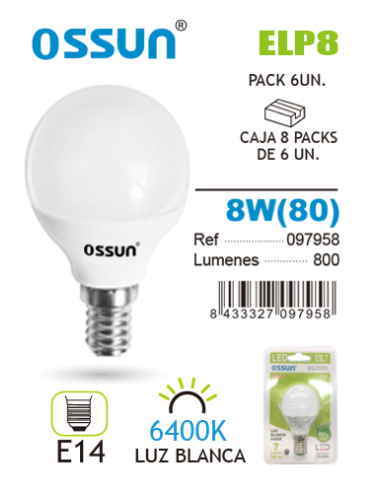 Ossun Lámpara LED Esférica 8W E14 Blanca