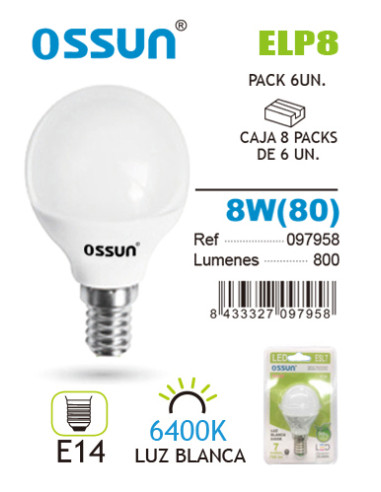 LAMPARA LED OSSUN ESFERICA 8W E14 BLANCA