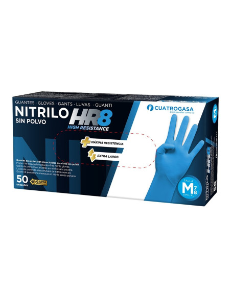 Cuatrogasa Guantes Nitrilo HR 8 Azul Extra Largo Caja 50 uds Talla M
