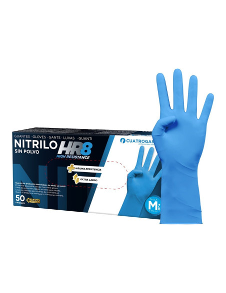 Cuatrogasa Guantes Nitrilo HR 8 Azul Extra Largo Caja 50 uds Talla M