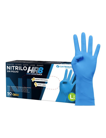 Cuatrogasa Guantes Nitrilo HR 8 Azul Extra Largo Caja 50 uds Talla L